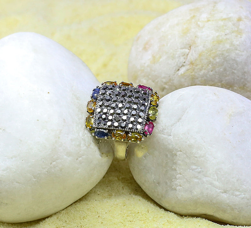Multicolored Pave Ring Sterling Silver