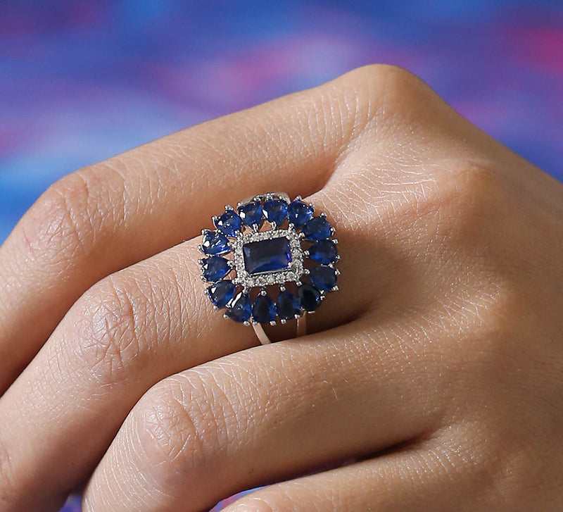 Blue Floral Pave Ring