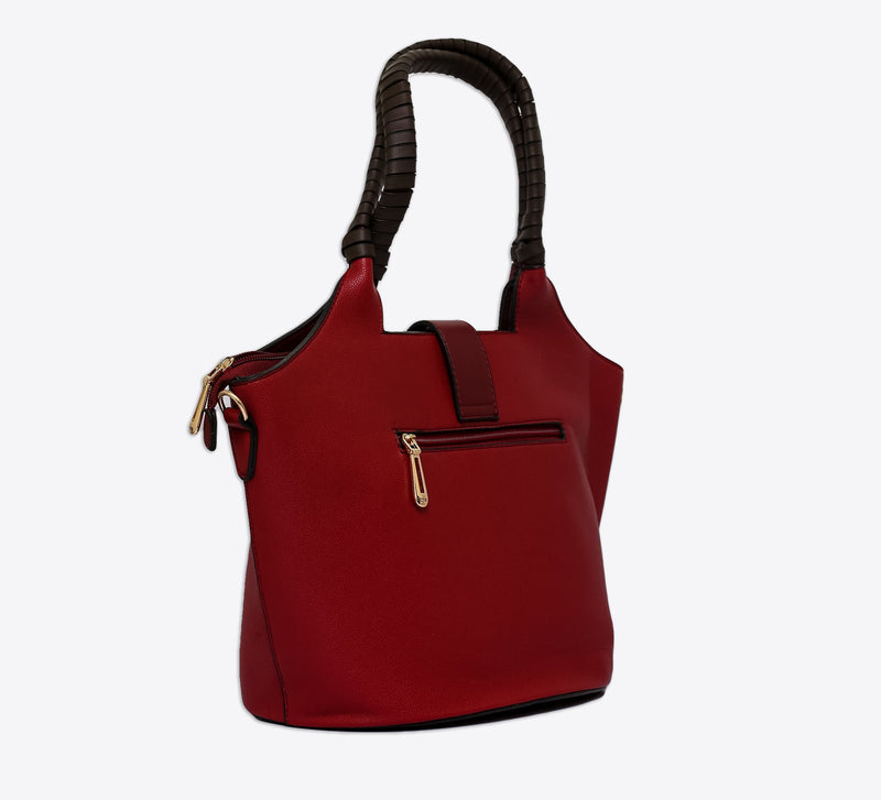 Red with Brown Weavy Handle Bag - Mahroze