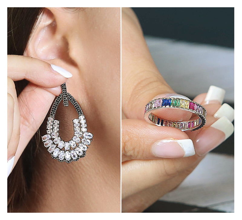 OUTLINED PEAR EARRINGS & SILVER RAINBOW RING