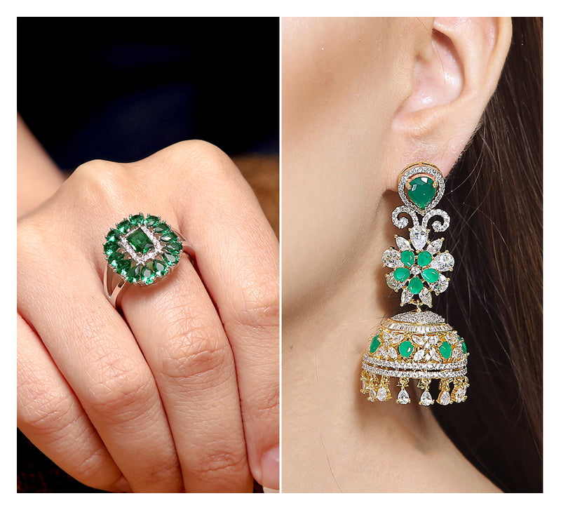 Green Stones Pave Ring & Drop Earring