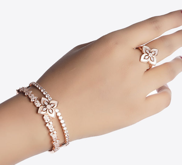 DAZZLING ROSE GOLD FLOWER DOUBLE-ROW BRACELET WITH RING